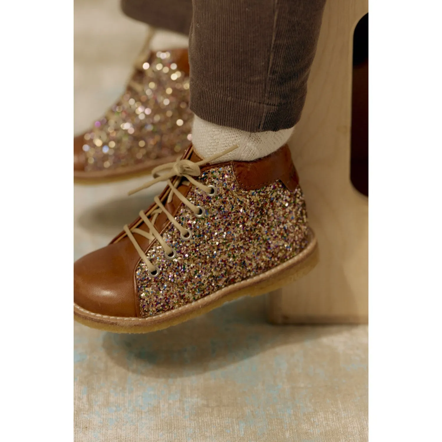 Angulus Cognac/Multi Glitter Classic Beginner Lace Shoes w. Glitter