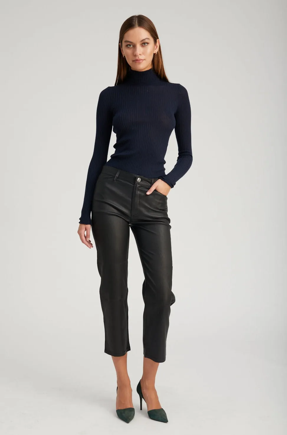 Black Leather 5 Pocket Straight Leg Pants