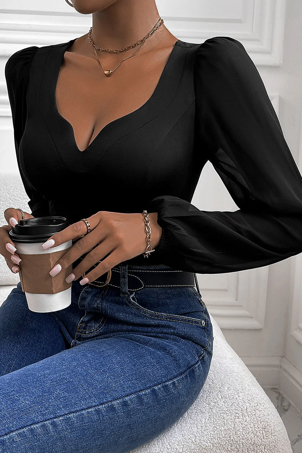 Black V-Neck Long Sleeve Bodysuit – Sleek, Stylish, and Oh-So Versatile!