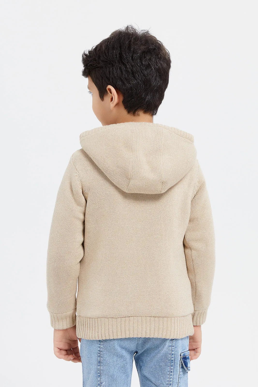 Boys Beige Knitted Hooded Zipper Cardigan