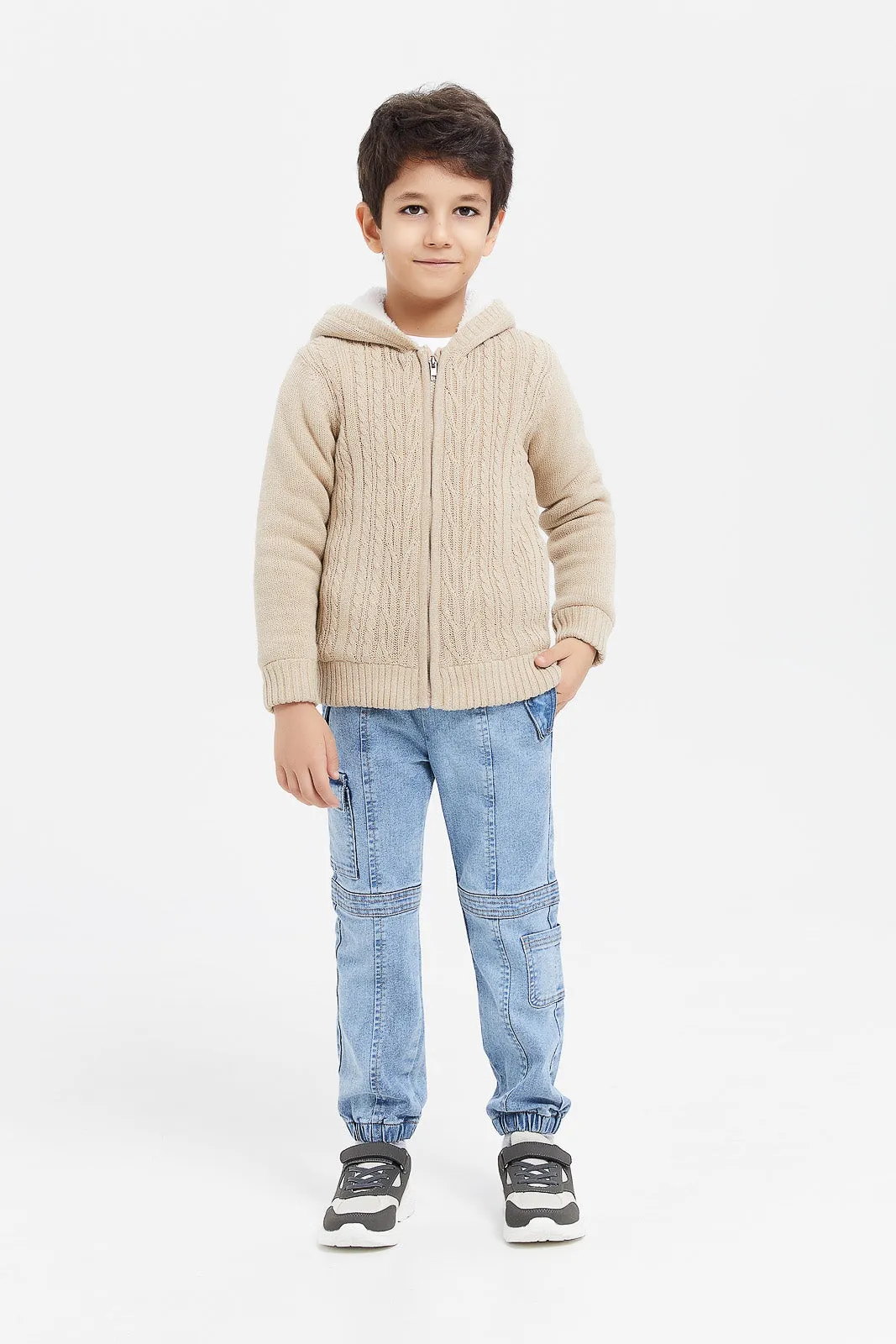 Boys Beige Knitted Hooded Zipper Cardigan