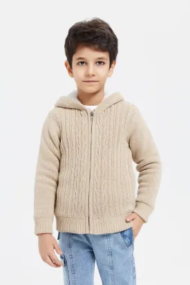 Boys Beige Knitted Hooded Zipper Cardigan