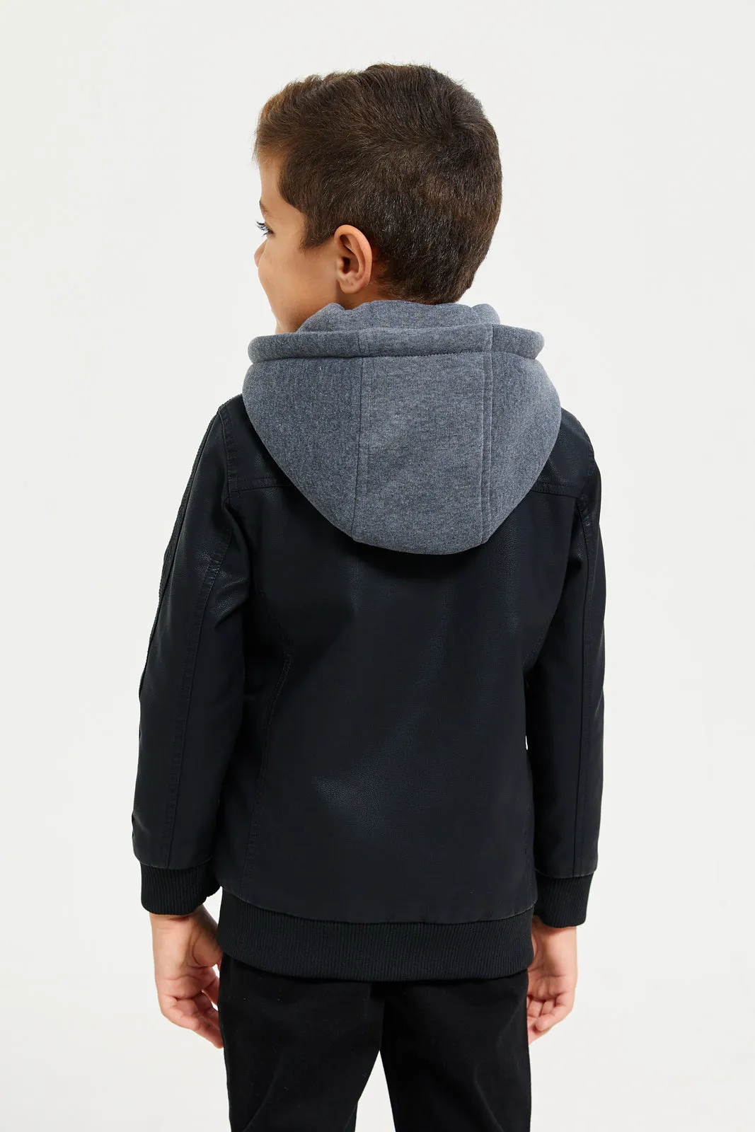 Boys Black Hooded Biker Jacket