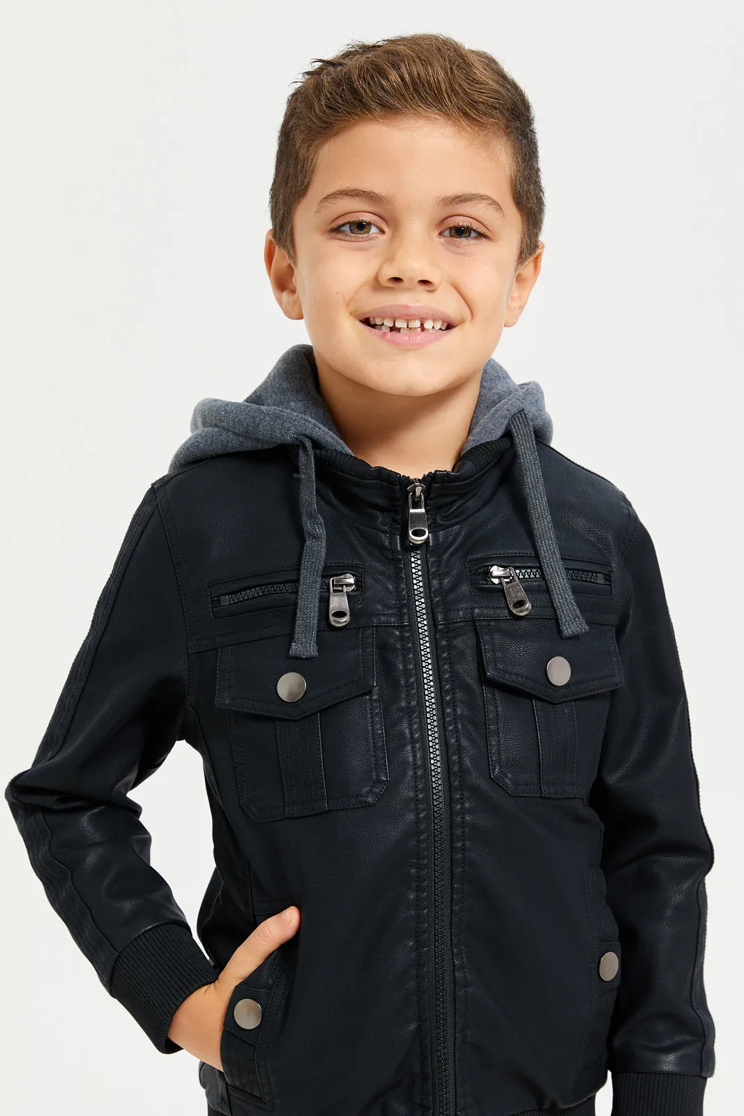 Boys Black Hooded Biker Jacket