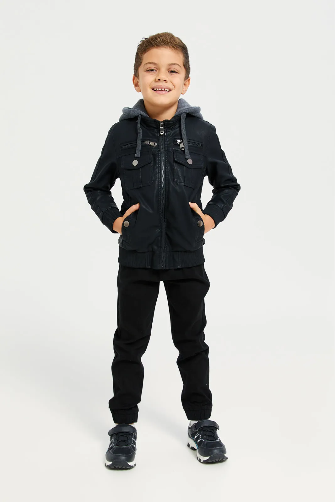 Boys Black Hooded Biker Jacket