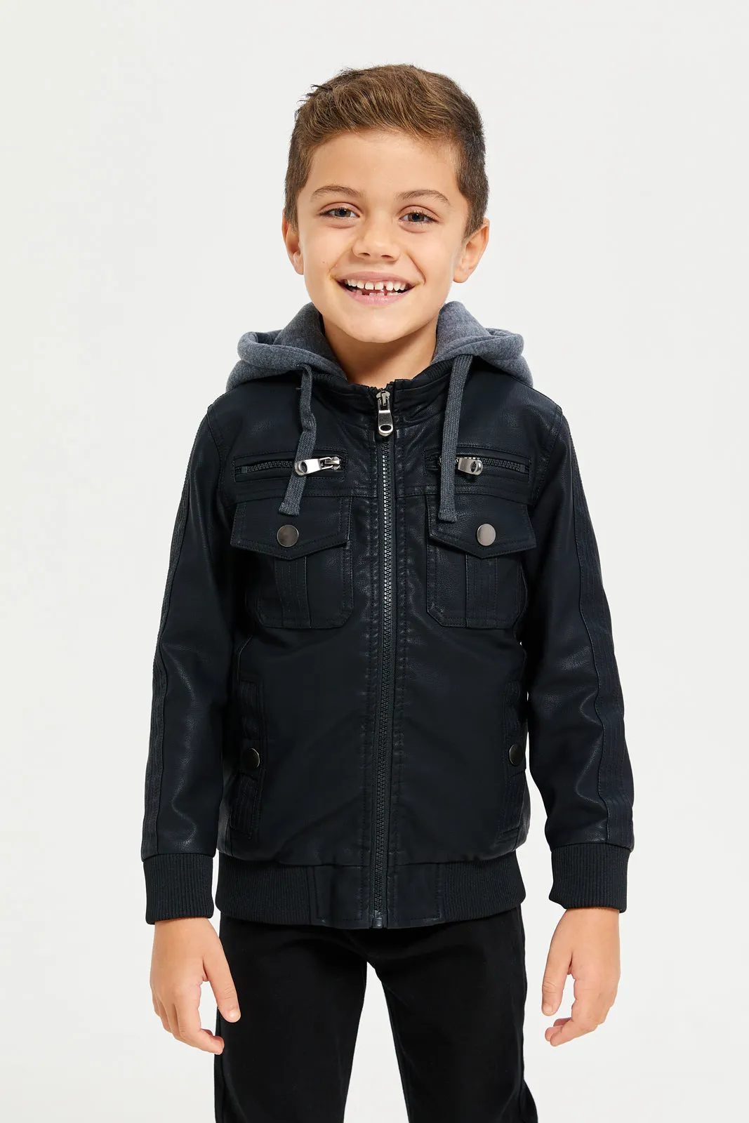 Boys Black Hooded Biker Jacket