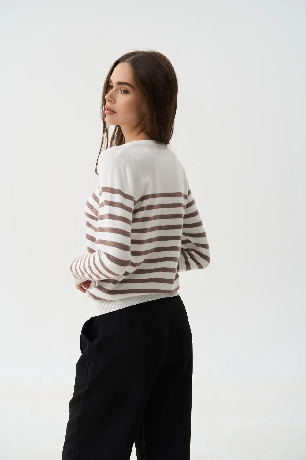 Brown Striped Knit Sweater with a Crew Neck