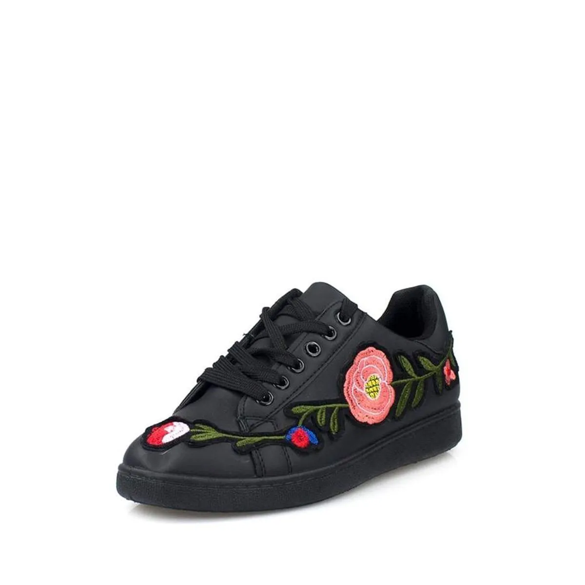 Harlea Floral Embroided Lace Up Trainers In Faux Leather