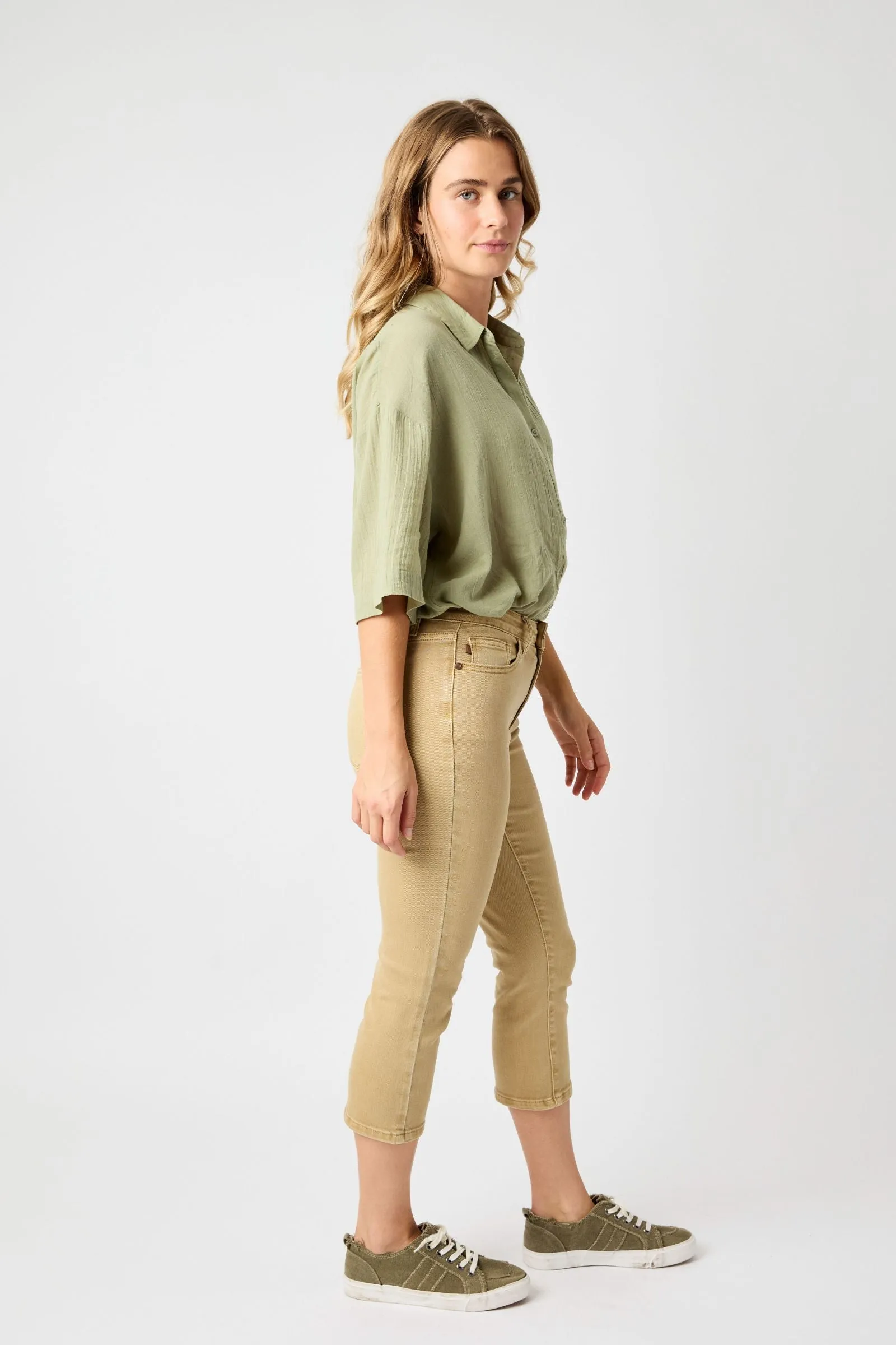 Judy Blue “Ava” Khaki High Rise Garment Dyed Capri