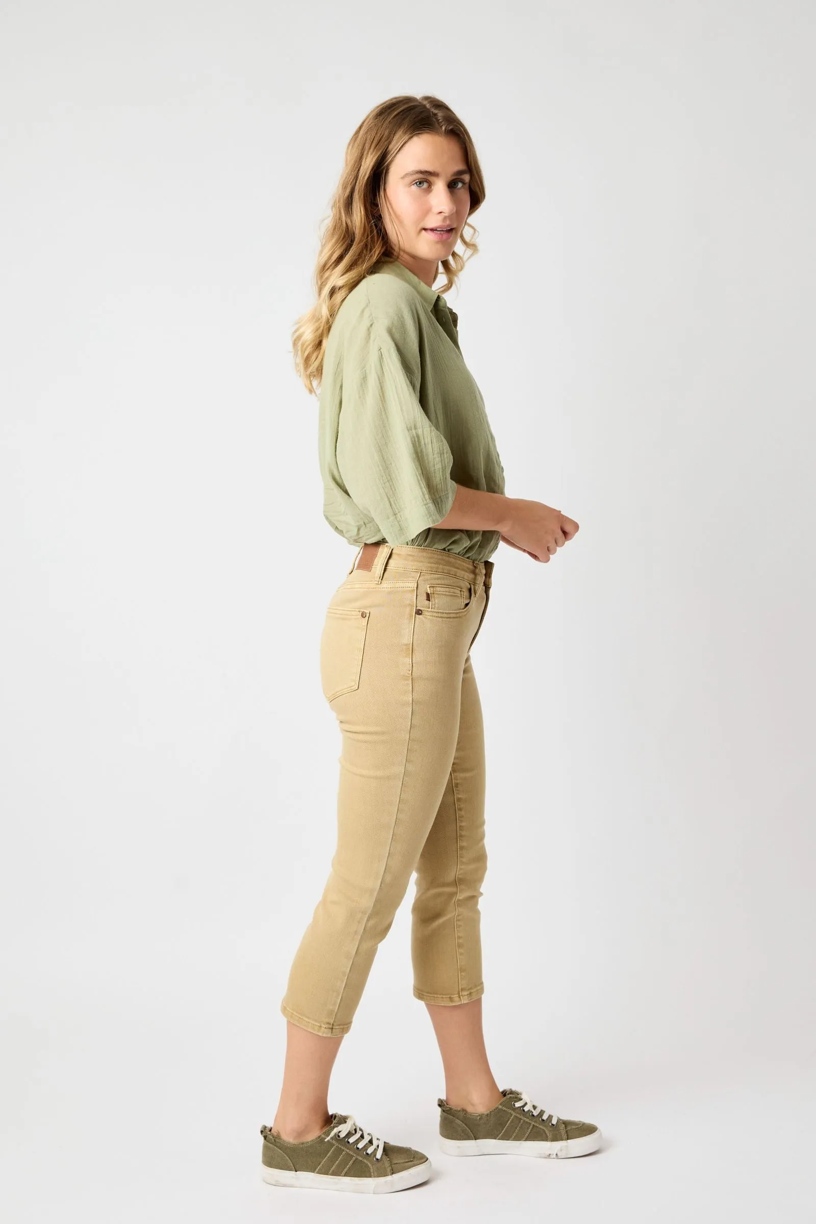 Judy Blue “Ava” Khaki High Rise Garment Dyed Capri