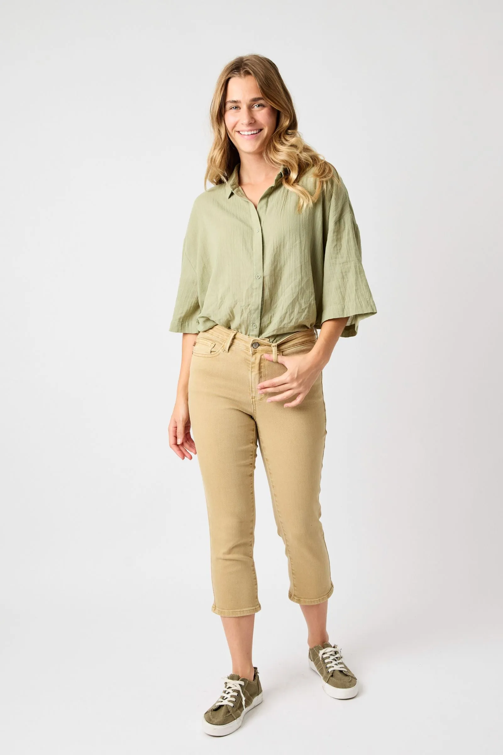 Judy Blue “Ava” Khaki High Rise Garment Dyed Capri