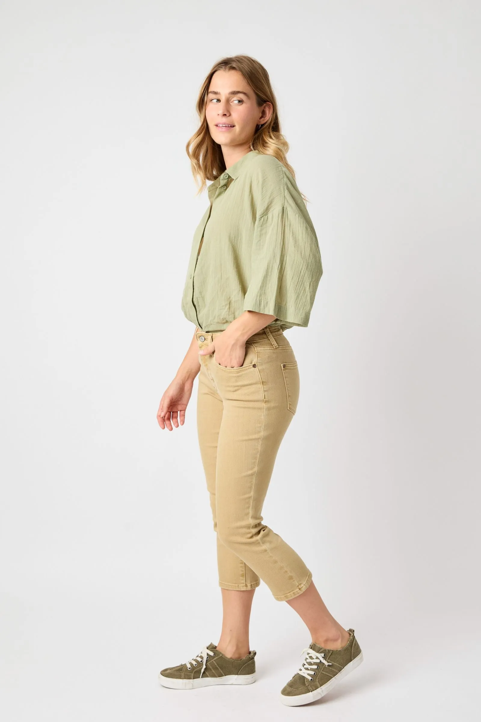 Judy Blue “Ava” Khaki High Rise Garment Dyed Capri