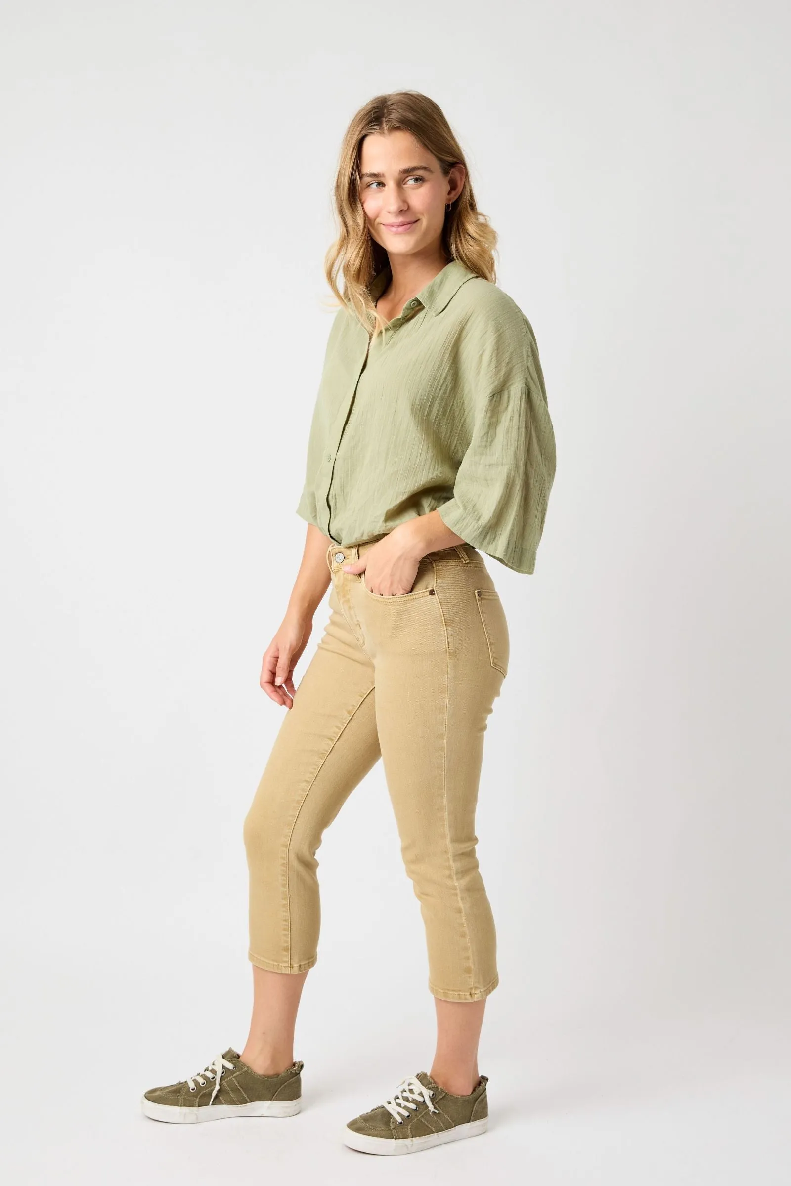 Judy Blue “Ava” Khaki High Rise Garment Dyed Capri