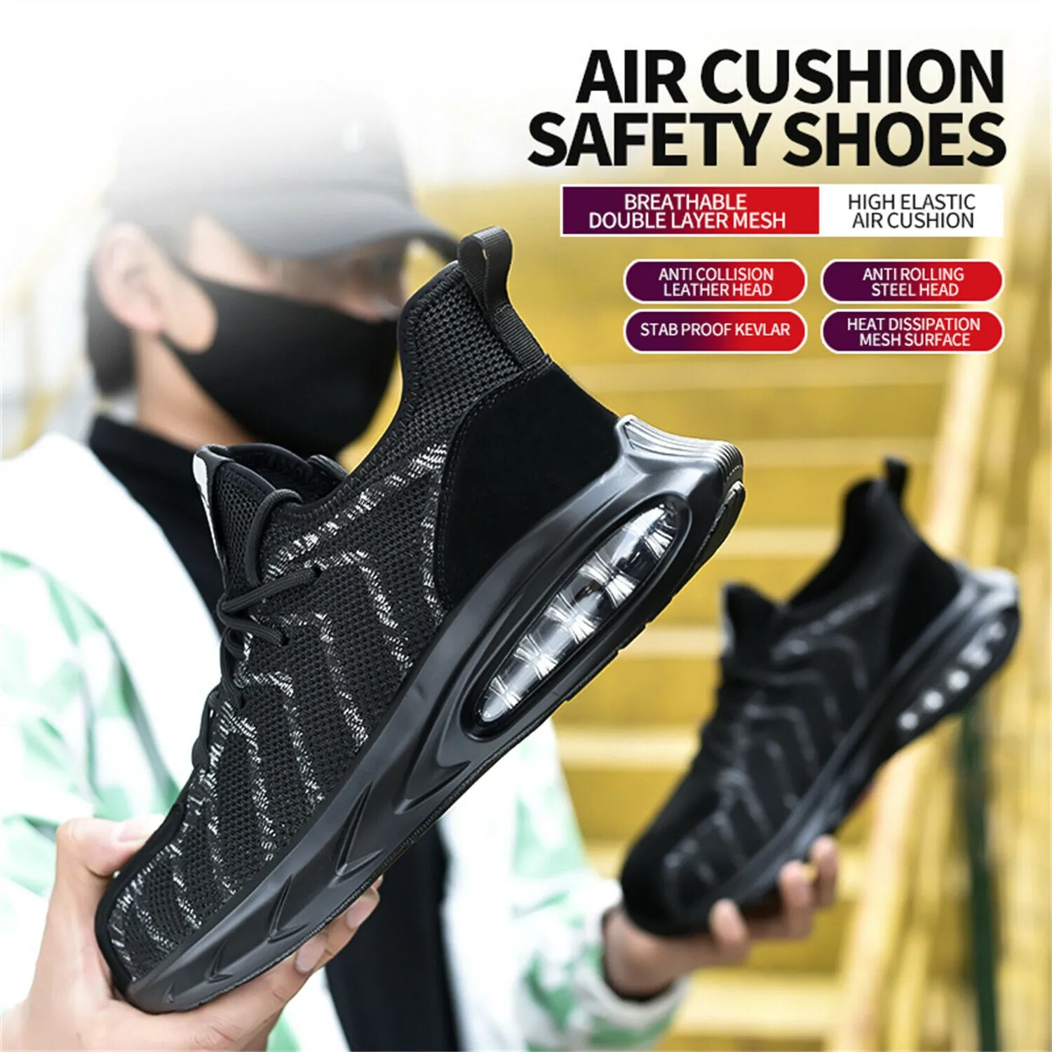 Men’s Steel Toe Work Shoes Lightweight Anti-pierce Safety Shoes Outdoor Sneakers