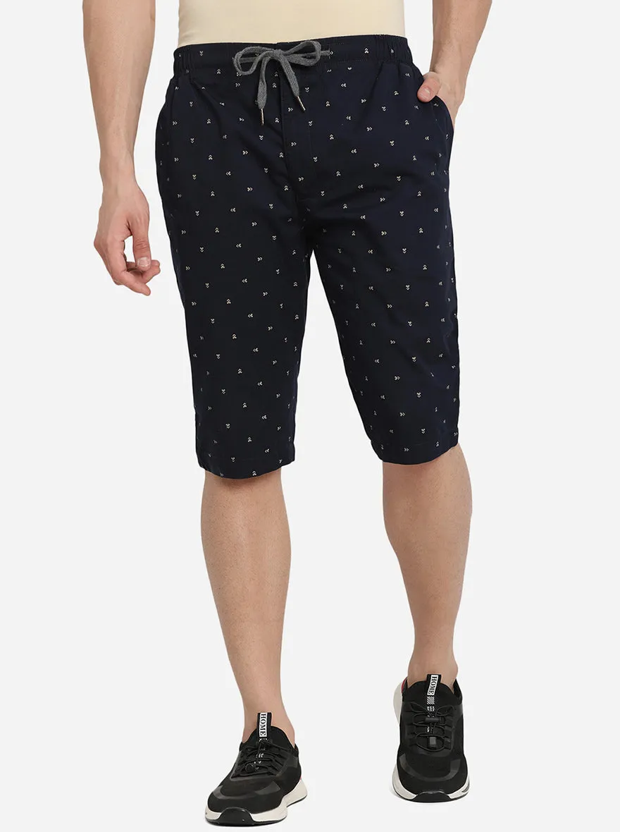 Navy Blue Printed Slim Fit Capri | JadeBlue