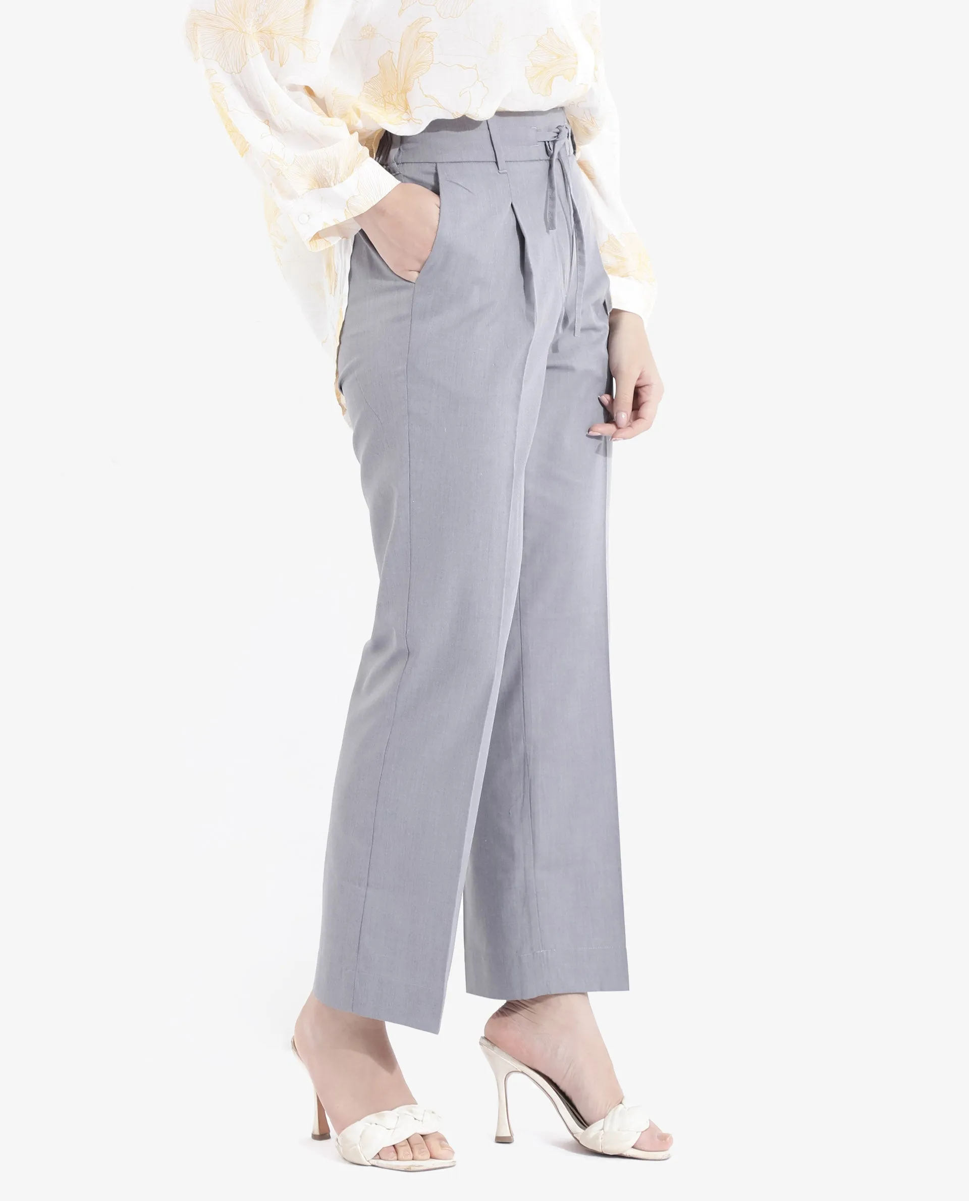 Rareism Women Tiza Grey Tie-Up Closure Straight Fit Ankle Length Plain Trouser