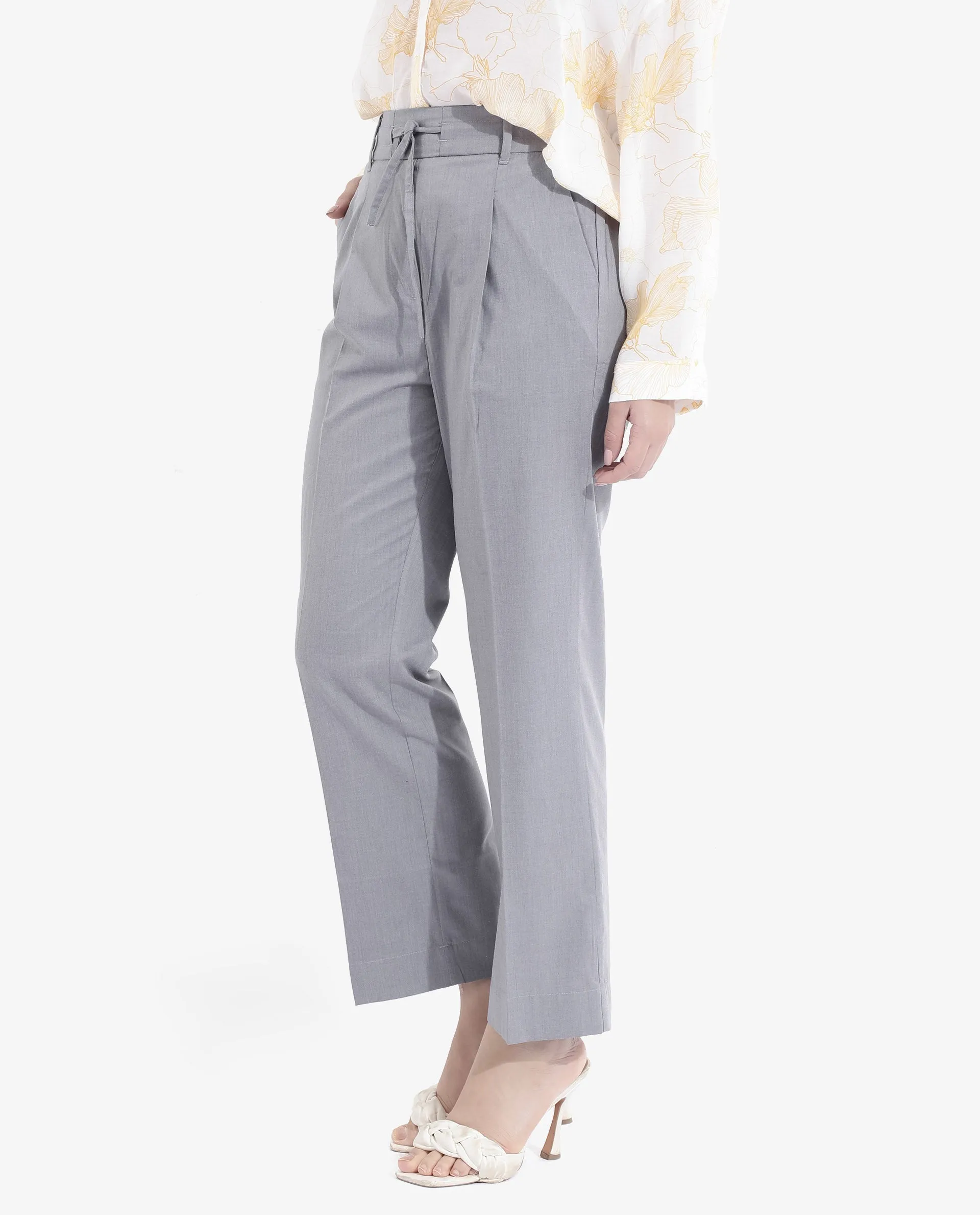 Rareism Women Tiza Grey Tie-Up Closure Straight Fit Ankle Length Plain Trouser