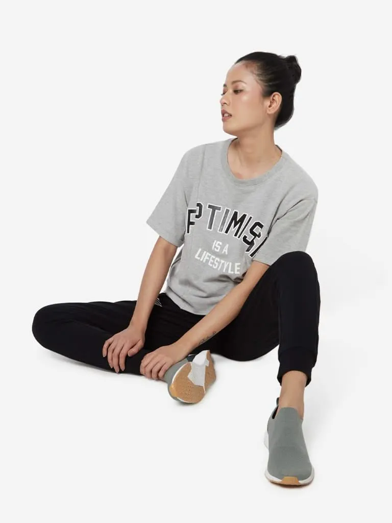 Studiofit Grey Text Patterned T-Shirt