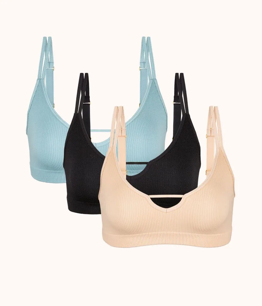 The Skinny-Strap Seamless Bralette Trio: Jet Black/Toasted Almond/Sky Blue