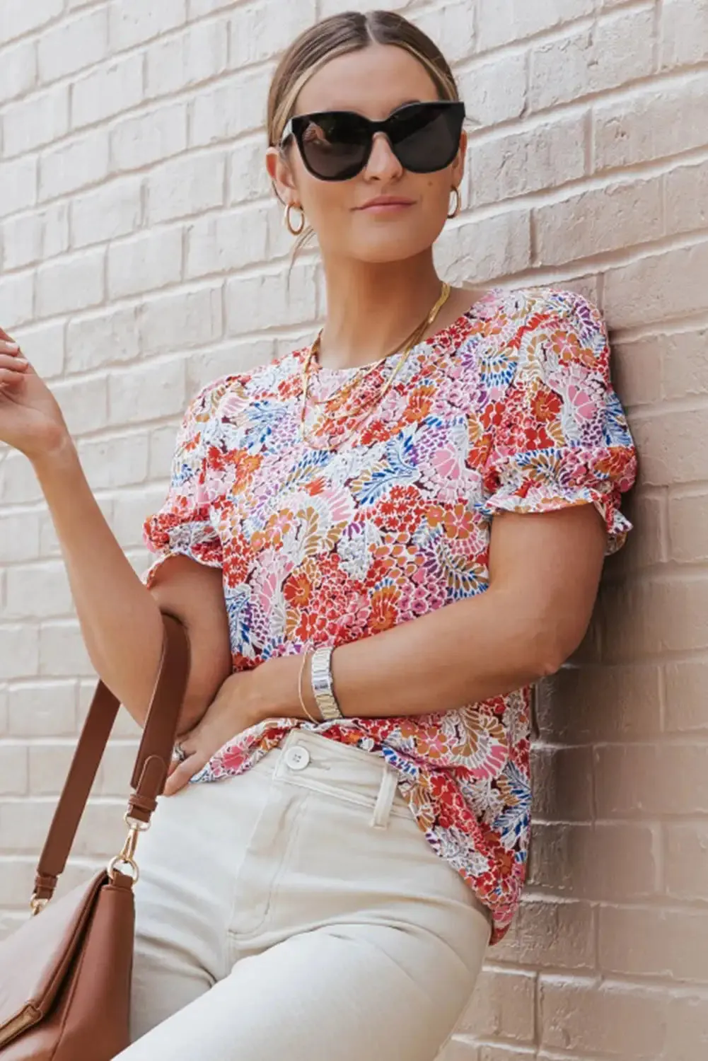 Vibrant Multicolor Floral Bubble Sleeve Blouse