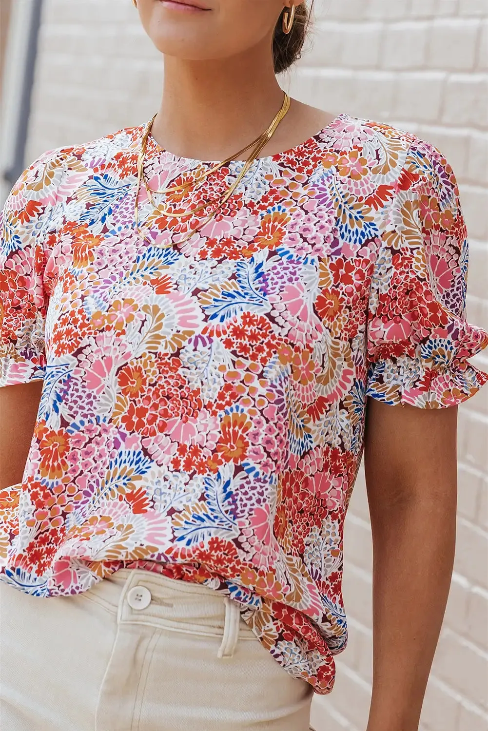 Vibrant Multicolor Floral Bubble Sleeve Blouse