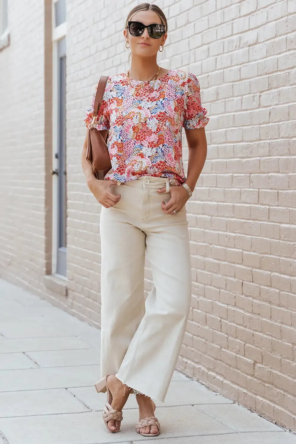 Vibrant Multicolor Floral Bubble Sleeve Blouse