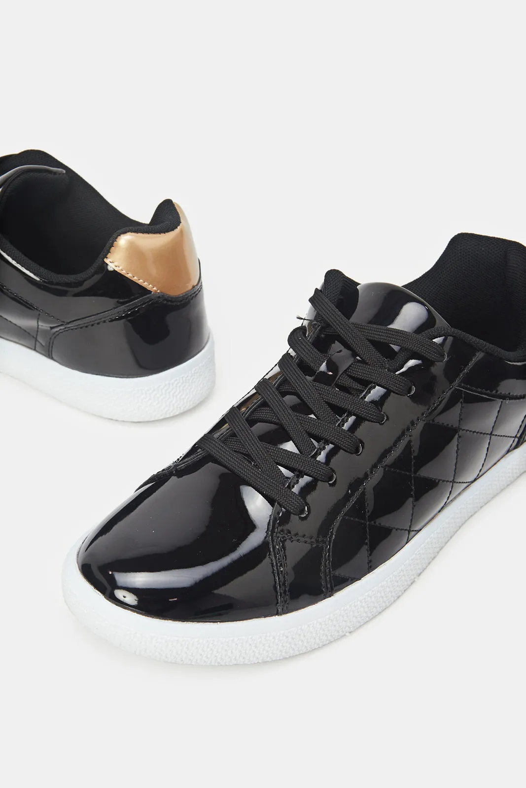 Women Black Patent Quilt Trainers