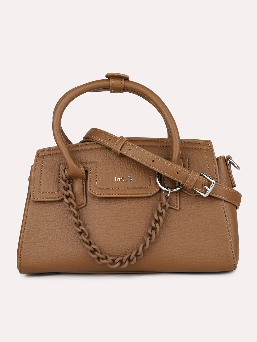 Women Brown Solid Handheld Bag with Detachable Strap and Chain Detailing